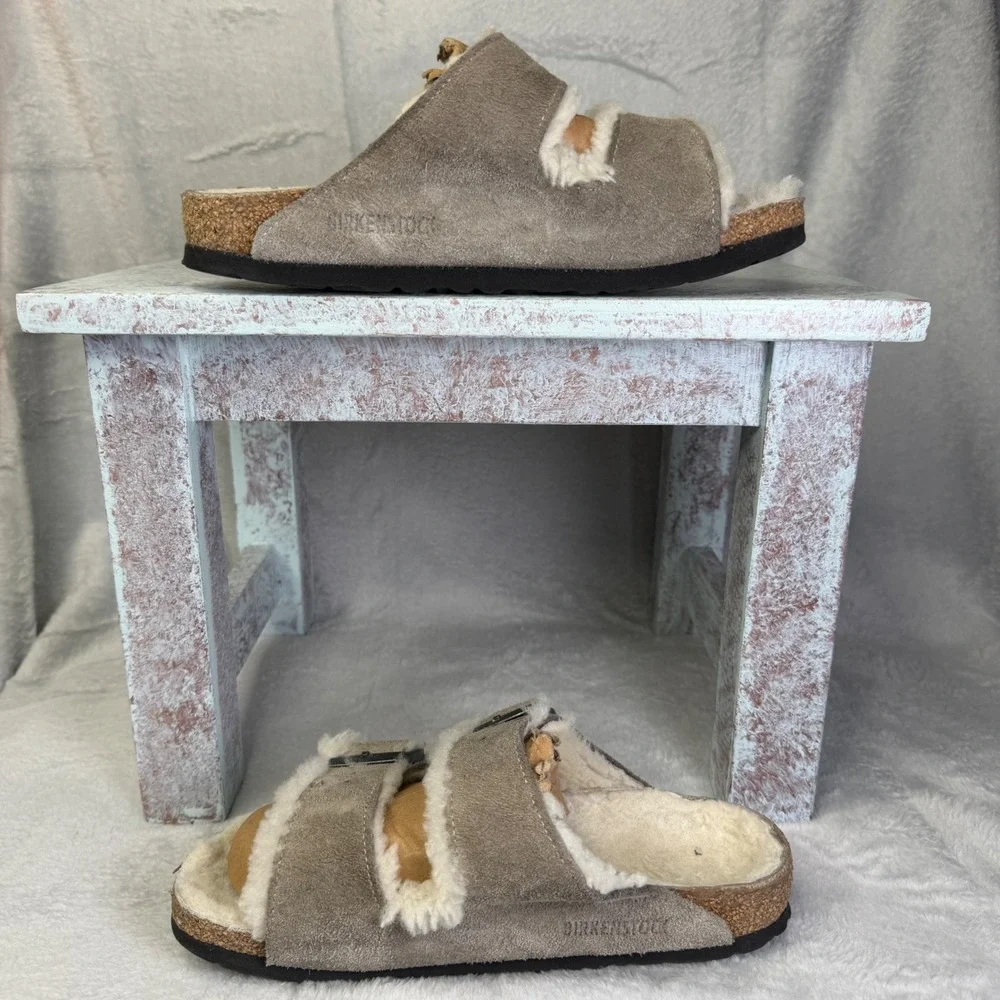 Birkenstock Arizona Shearling Sandals Womens 37 Taupe Suede Double Strap Slides